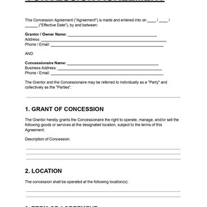 May include: A white document titled "CONCESSION AGREEMENT" with sections for Grantor/Owner and Concessionaire information. Includes lines for address, phone, and email. The document outlines terms for operating a concession.