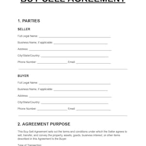 Peut inclure: Un modèle de document imprimé en noir et blanc intitulé BUY-SELL AGREEMENT. La section 1 contient des champs pour les coordonnées du VENDEUR et de l'ACHETEUR, incluant nom, entreprise, adresse, téléphone et e-mail. La section 2 définit l'objet.