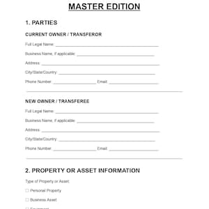 May include: A printed document titled Contract of Ownership Master Edition with sections for Parties and Property or Asset Information. It includes blank lines for names, addresses, and contact details, plus checkboxes for asset types like vehicle or equipment.