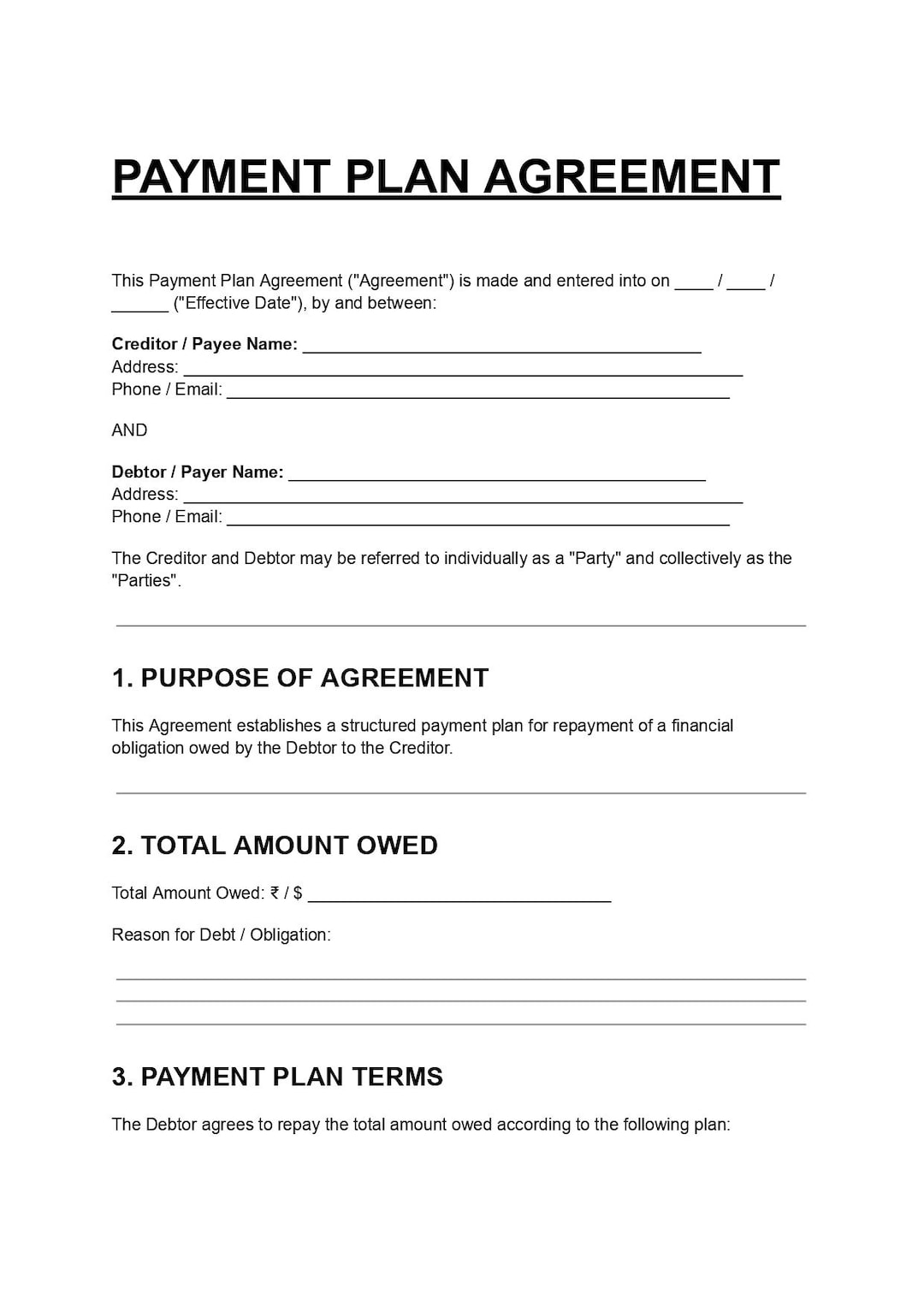 Payment Plan Agreement Doc PDF Editable Template - Etsy