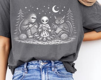 Funny Cryptid Crochet Club Bigfoot Alien Mothman Campfire Knitting Paranormal Crafting Design digital download PNG file