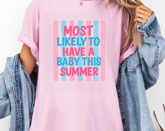 Most Likely To Have A Baby This Summer Funny Pregnancy Announcement Retro Pink Blue Matching Group Design digital download PNG file