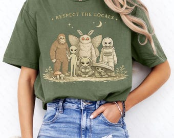 Respeto a los lugareños PNG, sellos vintage de extraterrestres críptidos, diseño de sublimación de OVNI de Bigfoot Mothman, descarga digital de camping retro