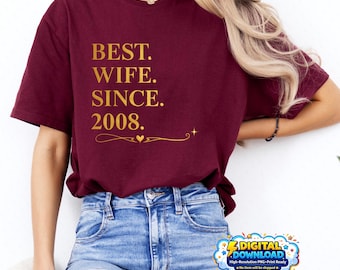 PNG del 18.º aniversario de bodas para esposa desde 2008. Diseño dorado. Lindo regalo de matrimonio de 2008 para su esposa romántica. Descarga digital de ropa.