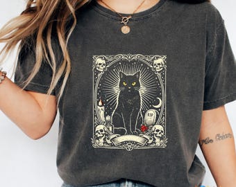 Camiseta con diseño vintage de gato negro gótico, regalo para amantes de los gatos con estética de bruja oscura, camiseta gráfica PNG de descarga digital de calavera espeluznante de Halloween