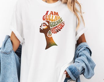 Historia Gullah Geechee PNG Silueta de mujer afro Diseño de camiseta de orgullo de cultura negra Descarga digital Arte de herencia africana