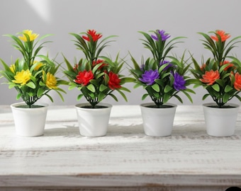 Mini kunstpotbloemen - kleurrijke bureauplant in witte pot