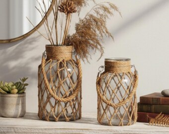 Handgeweven glazen vaas henneptouw - Nordic boho-tafeldecor