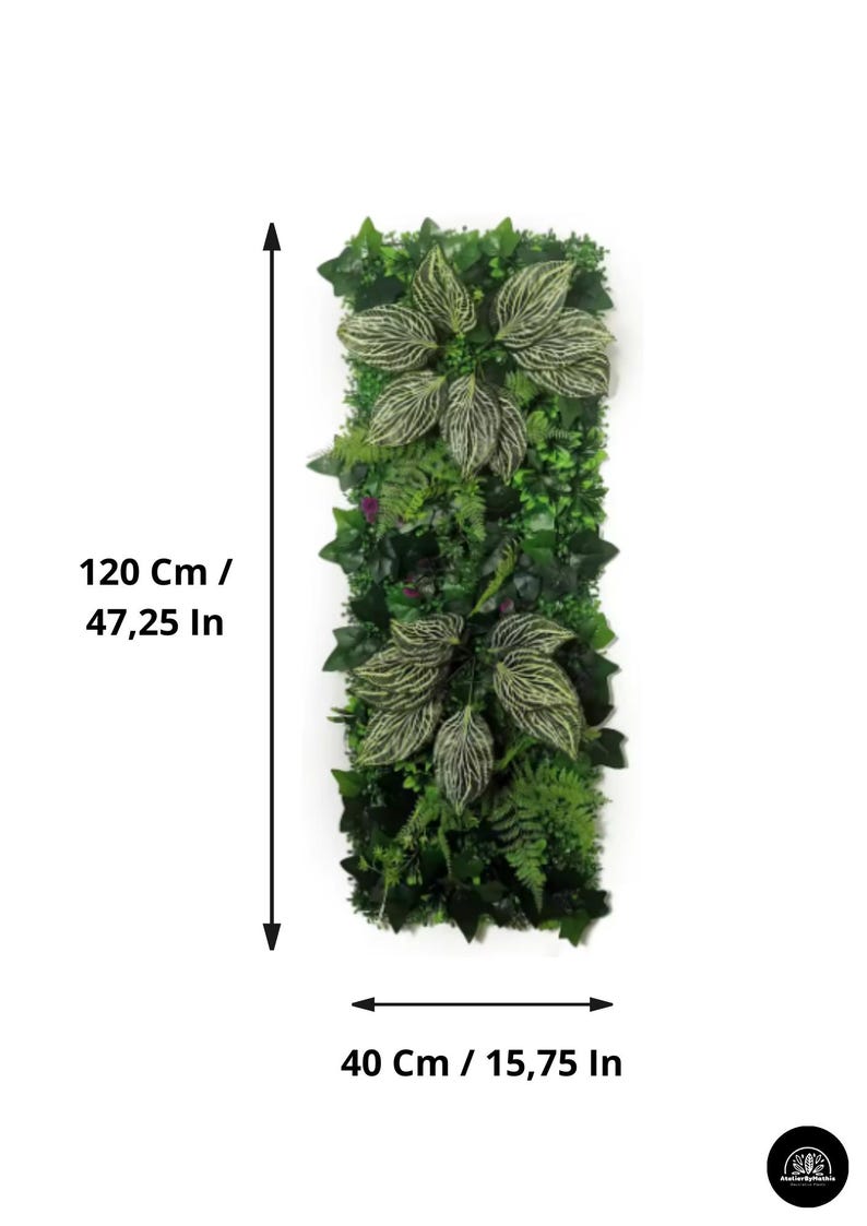 May include: A rectangular artificial plant wall, 47.25 inches tall and 15.75 inches wide, featuring a variety of green foliage. The design includes large, patterned leaves and smaller, textured greenery, creating a dense, natural look.