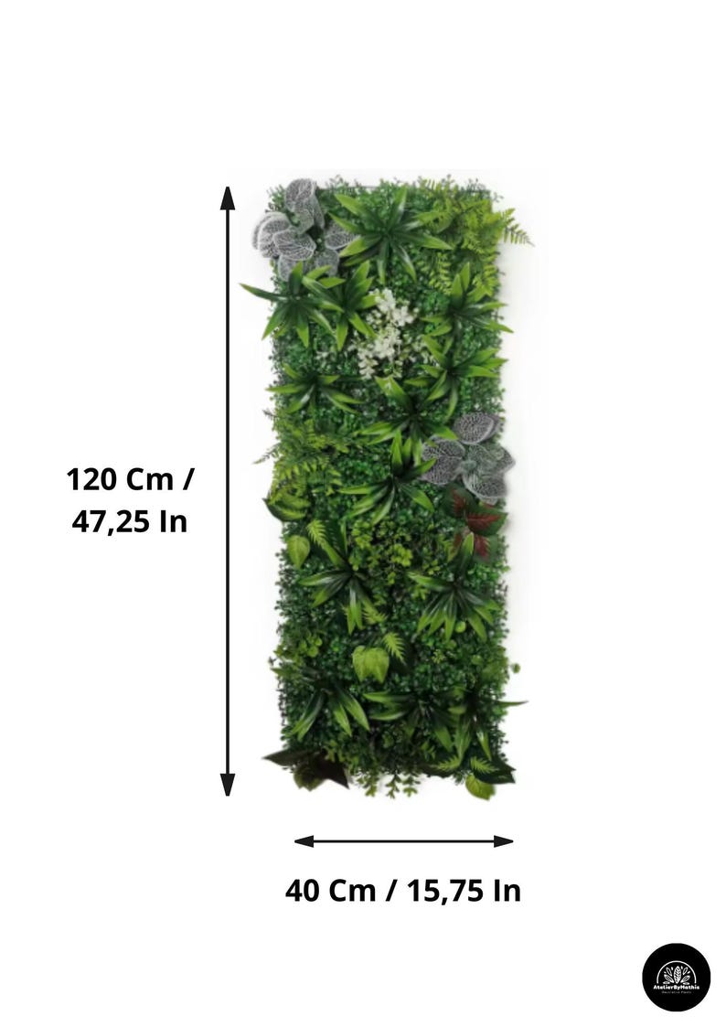 May include: Rectangular artificial plant wall, 47.25 inches tall and 15.75 inches wide, featuring a variety of green foliage and some gray and white accents. The wall is densely packed with different types of leaves and plants.