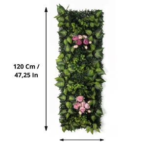 May include: Rectangular artificial green wall panel, 47.25 inches tall and 15.75 inches wide, with a variety of faux foliage and pink flower clusters. The panel is designed to mimic a natural vertical garden.