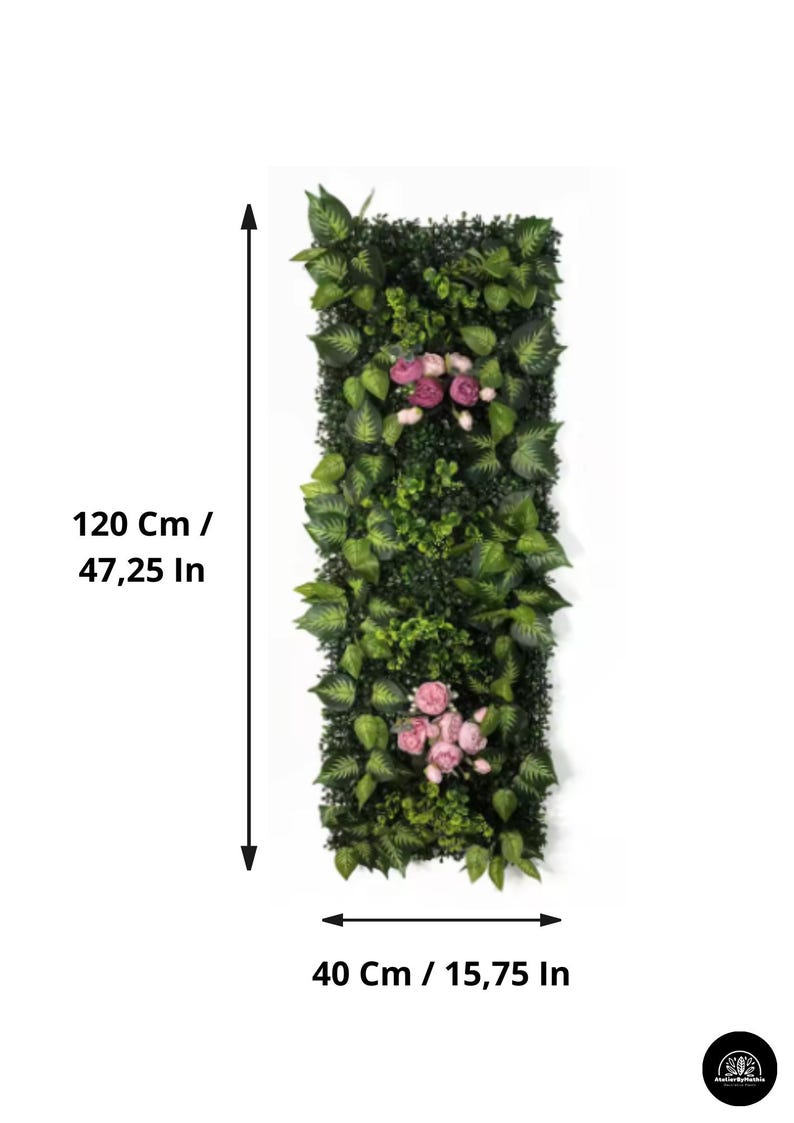 May include: Rectangular artificial green wall panel, 47.25 inches tall and 15.75 inches wide, with a variety of faux foliage and pink flower clusters. The panel is designed to mimic a natural vertical garden.