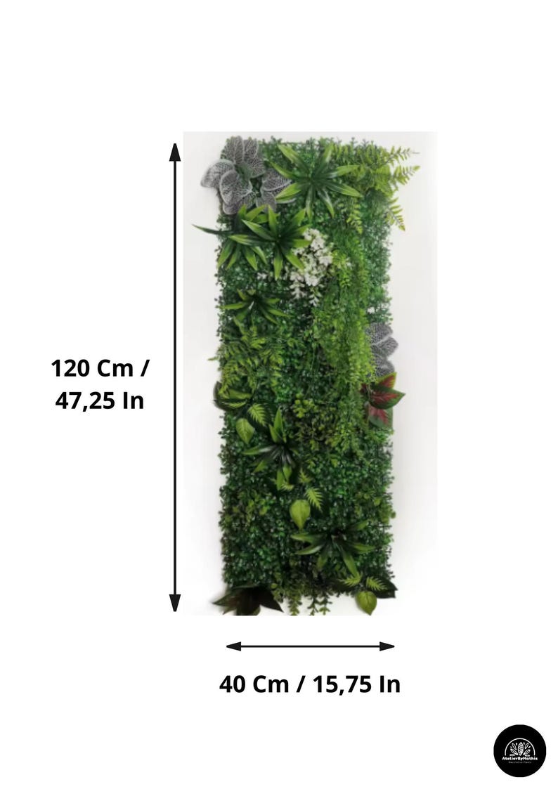 May include: A rectangular vertical artificial plant wall, 47.25 inches tall and 15.75 inches wide, densely packed with various shades of green foliage. The design includes a mix of leaf shapes and textures, with some gray and white accents.