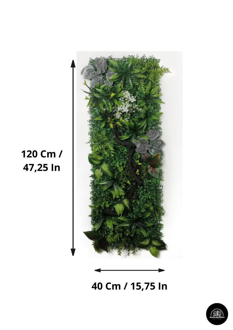 May include: Rectangular artificial vertical garden panel, 47.25 inches tall and 15.75 inches wide, featuring a variety of green foliage, including ferns and other plants. A dark brown branch adds a natural touch. Some gray and white flowers are also present.