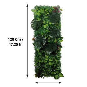 May include: A rectangular artificial plant wall, 47.25 inches tall and 15.75 inches wide, featuring a variety of green leaves. The design includes large, dark green monstera leaves and smaller, lighter green foliage.