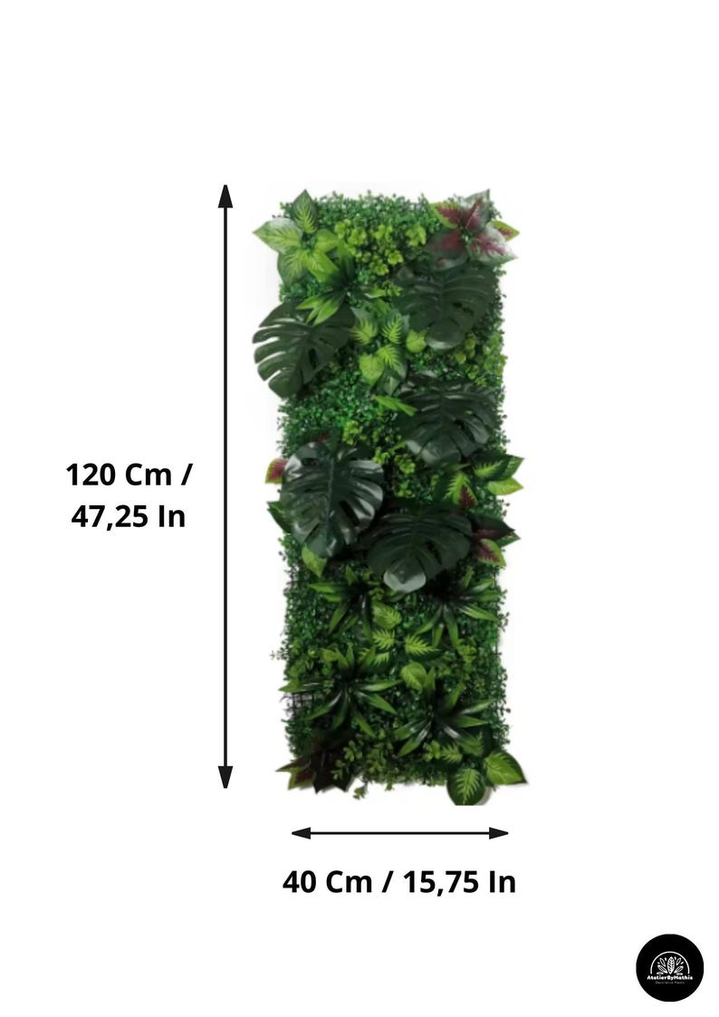 May include: A rectangular artificial plant wall, 47.25 inches tall and 15.75 inches wide, featuring a variety of green leaves. The design includes large, dark green monstera leaves and smaller, lighter green foliage.