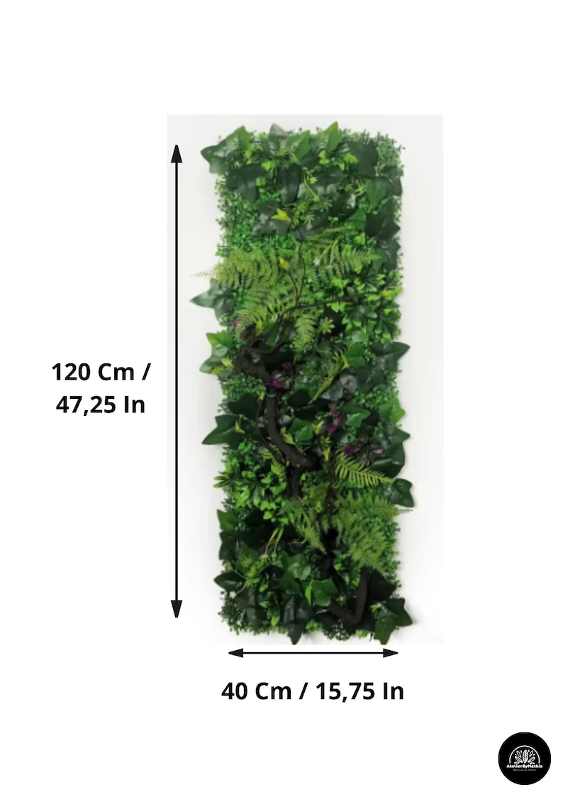 May include: A rectangular artificial green wall, 47.25 inches tall and 15.75 inches wide, featuring a variety of faux foliage. The design includes ferns, ivy, and other greenery, with a dark brown branch accent. Ideal for interior decor.