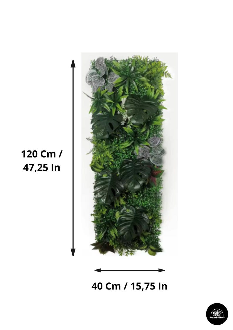 May include: Vertical artificial plant wall panel, 47.25 inches tall and 15.75 inches wide, featuring a variety of green foliage. The panel includes large, dark green monstera leaves and smaller, textured plants.