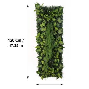 May include: A rectangular artificial green wall, 47.25 inches tall and 15.75 inches wide, densely packed with various shades of green leaves. The design includes a mix of leaf shapes and textures, creating a natural, textured appearance. The wall is suitable for indoor or outdoor decor.