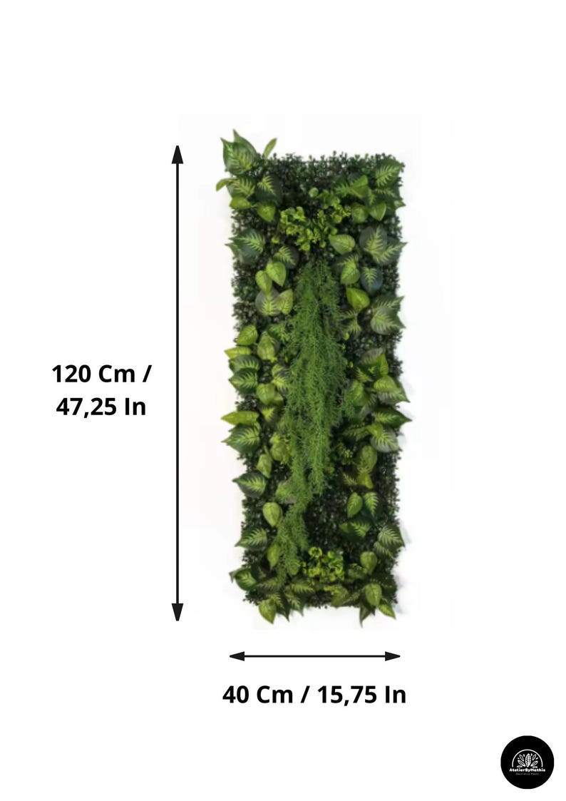 May include: A rectangular artificial green wall, 47.25 inches tall and 15.75 inches wide, densely packed with various shades of green leaves. The design includes a mix of leaf shapes and textures, creating a natural, textured appearance. The wall is suitable for indoor or outdoor decor.