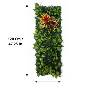 May include: A rectangular artificial green plant wall, 47.25 inches tall and 15.75 inches wide, with various leaf textures and red and yellow flowers. The wall is designed to mimic a natural vertical garden.