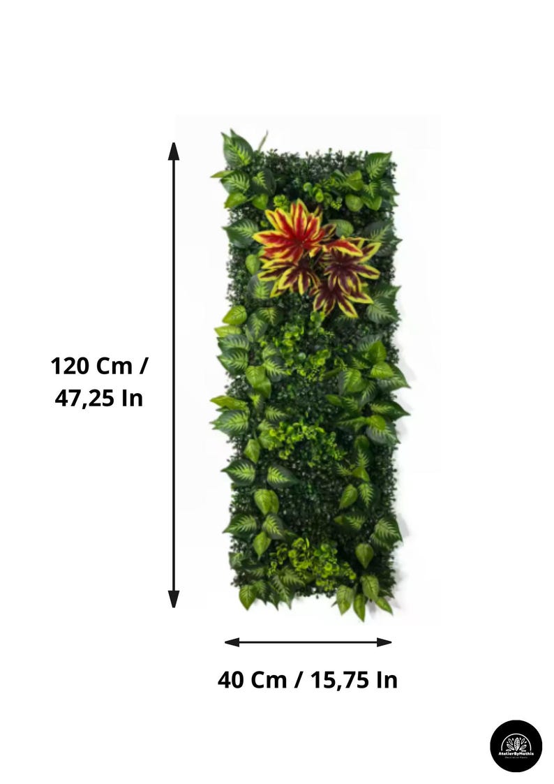 May include: A rectangular artificial green plant wall, 47.25 inches tall and 15.75 inches wide, with various leaf textures and red and yellow flowers. The wall is designed to mimic a natural vertical garden.