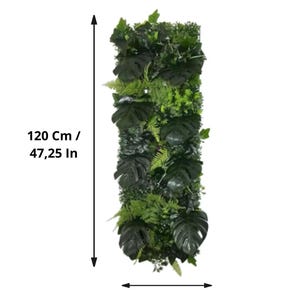 May include: A vertical artificial plant wall, 47.25 inches tall and 15.75 inches wide, featuring a variety of green foliage. The design includes large, dark green Monstera leaves and smaller ferns, creating a dense, natural look.