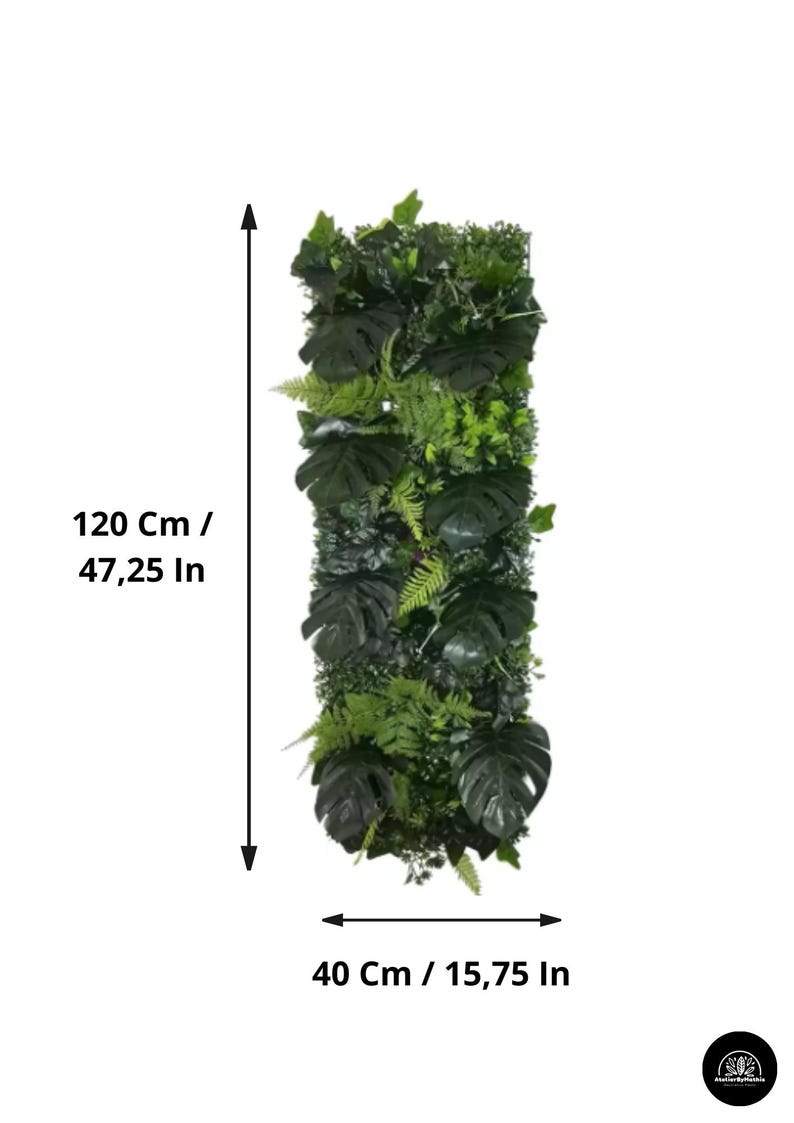 May include: A vertical artificial plant wall, 47.25 inches tall and 15.75 inches wide, featuring a variety of green foliage. The design includes large, dark green Monstera leaves and smaller ferns, creating a dense, natural look.