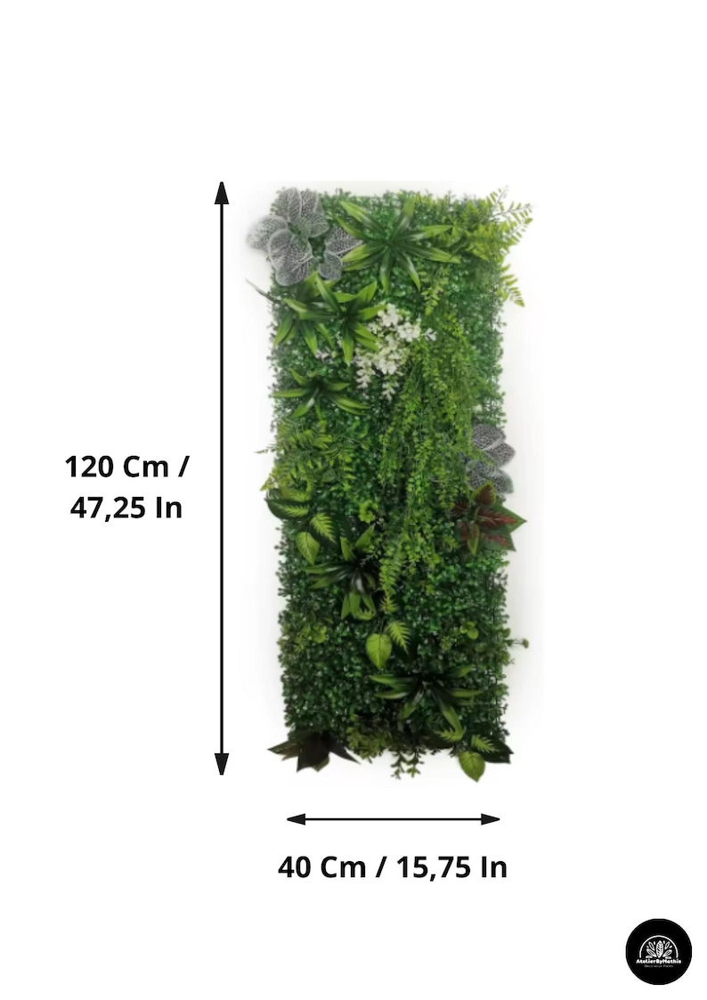 May include: Rectangular artificial plant wall, 47.25 inches tall and 15.75 inches wide, featuring a variety of green foliage. The wall includes different textures and shades of green, with some accents of white and burgundy.