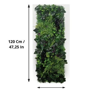 May include: Rectangular artificial green plant wall, 47.25 inches tall and 15.75 inches wide, featuring a variety of faux foliage including ivy, ferns, and grape clusters. The wall is designed to mimic a natural vertical garden.