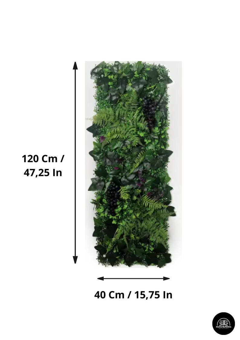 May include: Rectangular artificial green plant wall, 47.25 inches tall and 15.75 inches wide, featuring a variety of faux foliage including ivy, ferns, and grape clusters. The wall is designed to mimic a natural vertical garden.