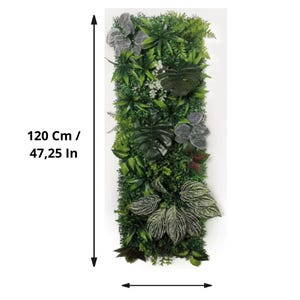 May include: Vertical artificial plant wall panel, 47.25 inches tall and 15.75 inches wide, featuring a variety of green foliage. The panel includes different textures and shades of green, with some leaves showing silver and red accents.