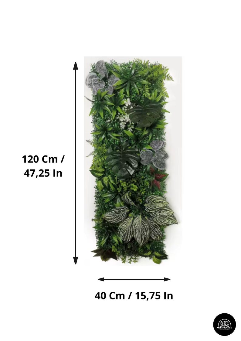 May include: Vertical artificial plant wall panel, 47.25 inches tall and 15.75 inches wide, featuring a variety of green foliage. The panel includes different textures and shades of green, with some leaves showing silver and red accents.