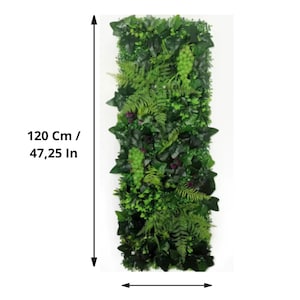 May include: A rectangular artificial green plant wall, 47.25 inches tall and 15.75 inches wide, featuring a variety of lush, green foliage. The wall includes ferns, ivy, and other plant types, creating a dense, natural look.