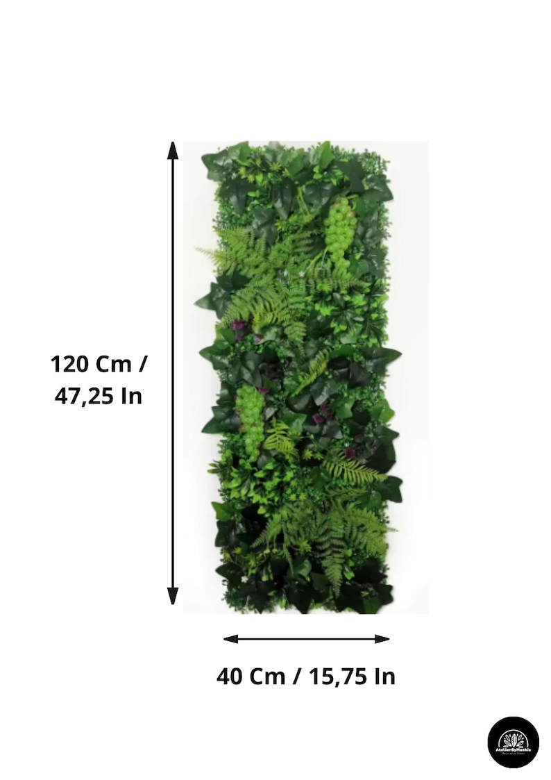 May include: A rectangular artificial green plant wall, 47.25 inches tall and 15.75 inches wide, featuring a variety of lush, green foliage. The wall includes ferns, ivy, and other plant types, creating a dense, natural look.