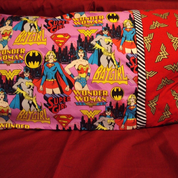 Wonder Woman, super girl and bat girl--Super hero girls all on a standard size   PILLOWCASE