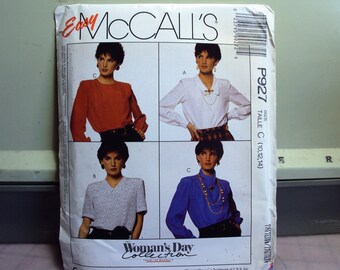 Womens blouse pattern has long or short sleeves, four different collars, McCalls copyright 1988