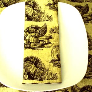 Thanksgiving napkins, cornucopias, chartreuse and brown  set of four