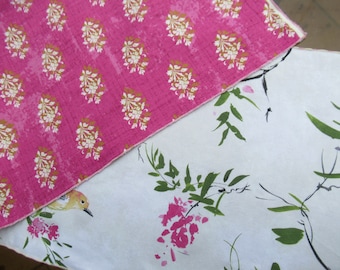 Table runner and wine bag, dresser scarf, birds and pink flowers on cream