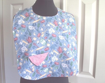 The SBIB, adult bib, senior bib, clothing protector, clothes coverup,  gag gift, blue cooking utensils,