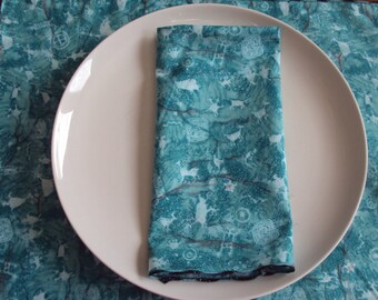 Southwest  napkin, aqua blue, cave dwellers writings, set of 4 dinner napkins and center piece runner