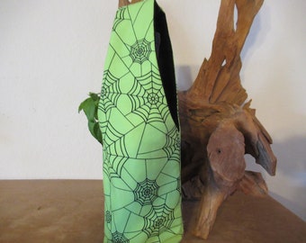 Halloween , wine tote, gift bag, wine bag, spirits bag  Spider webs on green wine caddy