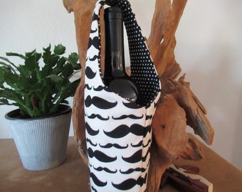 Mustache  Wine caddy  wine tote, wine bag, gift bag  party bag, host gift  lined with insul brite