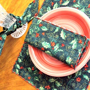Cloth napkins set of four, holly covered print, Christmas napkins, Thanksgiving napkins