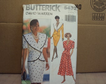 two piece dress or womens suit has jacket top with wide collar, straight skirt and pants skirt, Butterick 5432 pattern uncut