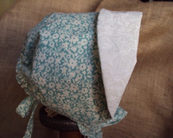 Baby Bonnet--aqua with cream flowers--sun bonnet  prairie bonnet-victorian bonnet, cottage chic-reversible