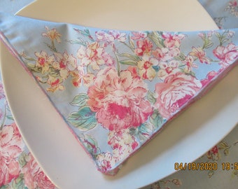 Pastel blue with pink and white peonies, Dinner napkins  set of four or set of eight