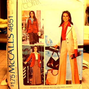 May include: Vintage McCall's sewing pattern 4651 featuring images of a woman in a blazer and pantsuit. The pattern includes a Misses' and Junior Petite unlined jacket, skirt, and pants. The pattern cover has the text "Corner" and "American".