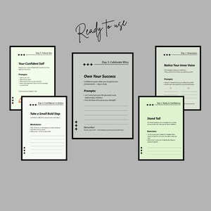 May include: A collection of six framed worksheets with text and prompts for self-improvement. The worksheets are in black frames with a light green or gray background. The text "Ready to use" is written in cursive at the top.