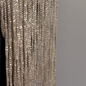 Peut inclure: Un agencement vertical de brins de franges scintillants couleur champagne. Les fils individuels sont &eacute;troitement tiss&eacute;s avec une finition m&eacute;tallique, cr&eacute;ant un rideau dense et textur&eacute; de mati&egrave;re r&eacute;fl&eacute;chissant la lumi&egrave;re en lignes droites.